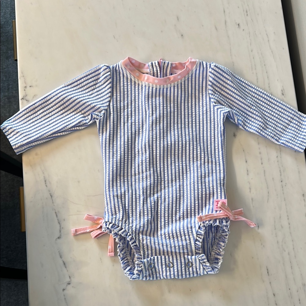 RuffleButts, 3-6m, Like New,Striped Blue and Pink Swimsuit